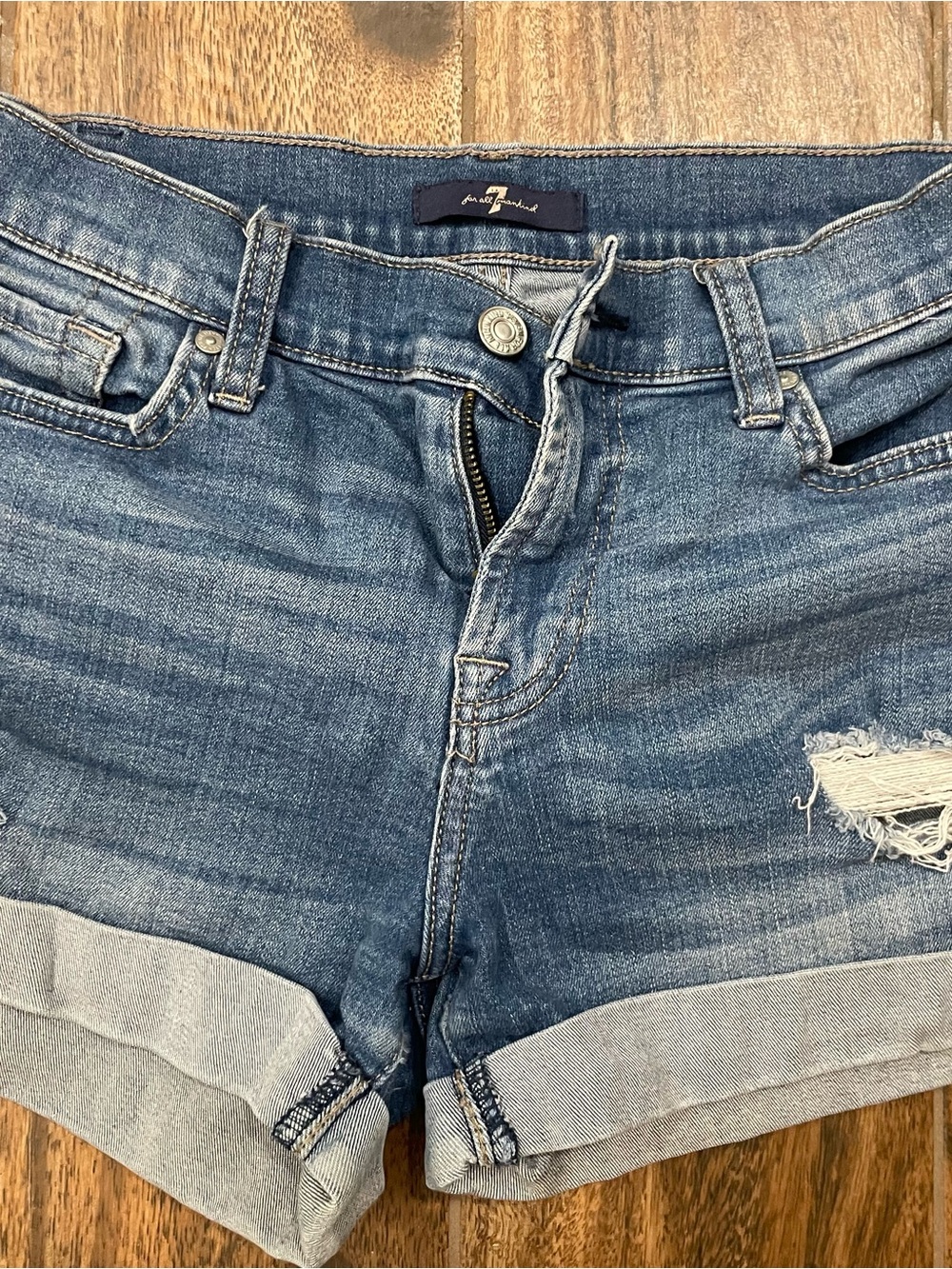 7 For All Mankind Light Blue Mid Roll Denim Shorts